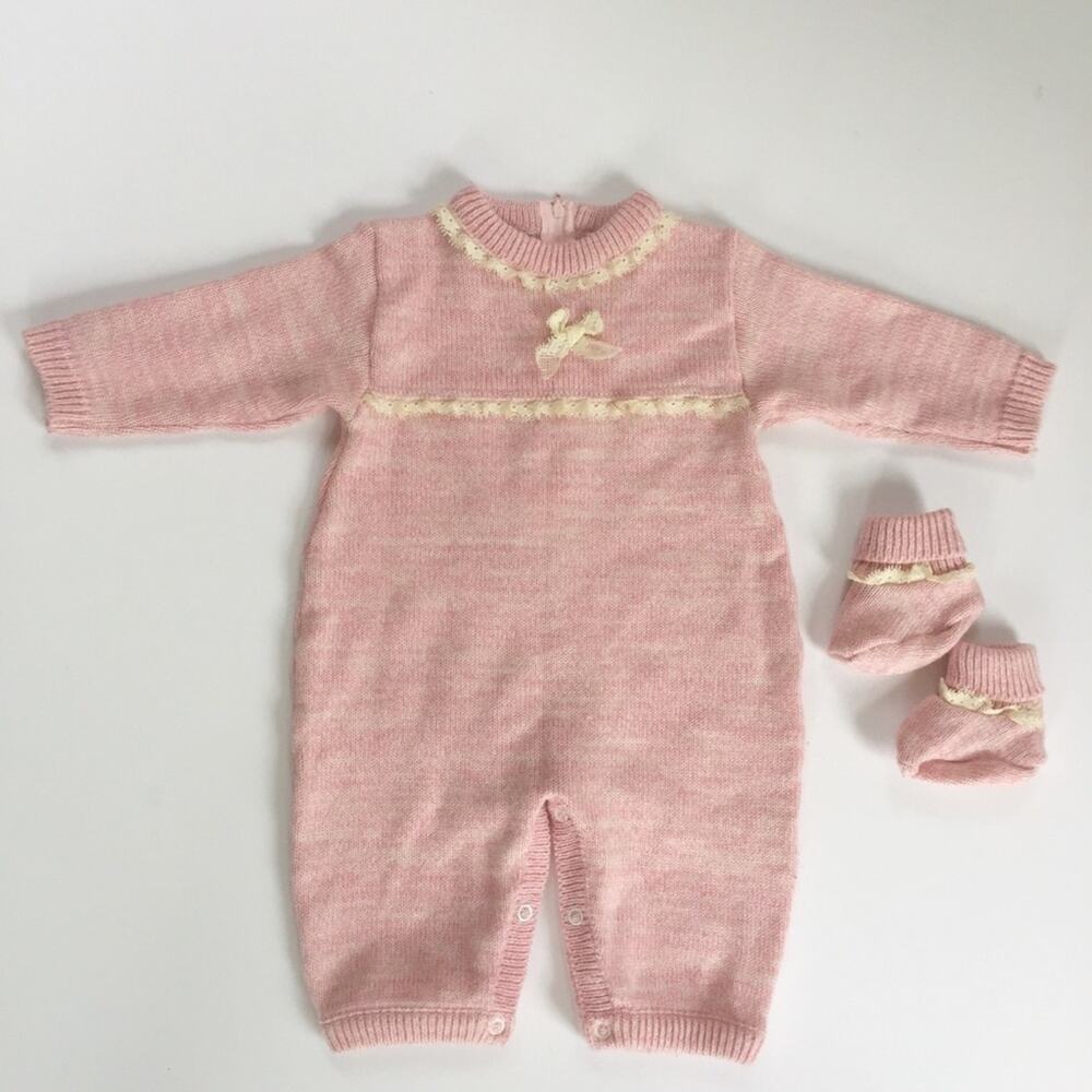 Carriage Boutique Pink and Cream Knit One-Piece with Booties